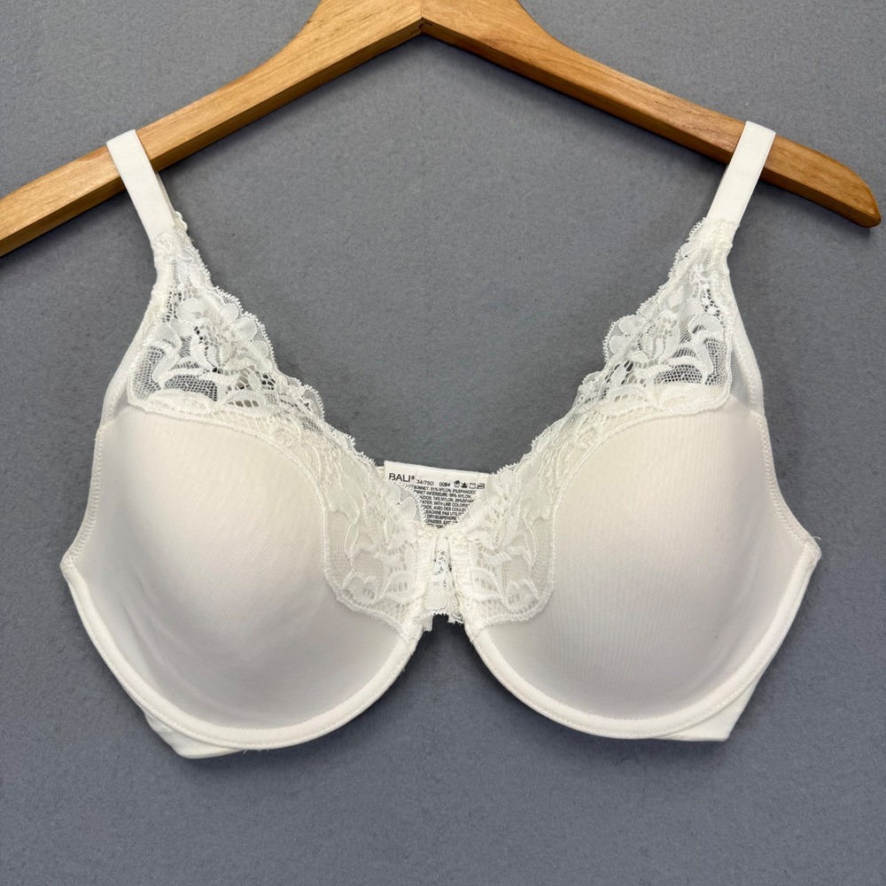 Bali 0084‎ Womens White Lace Trim Underwire Full Coverage Bra 34D